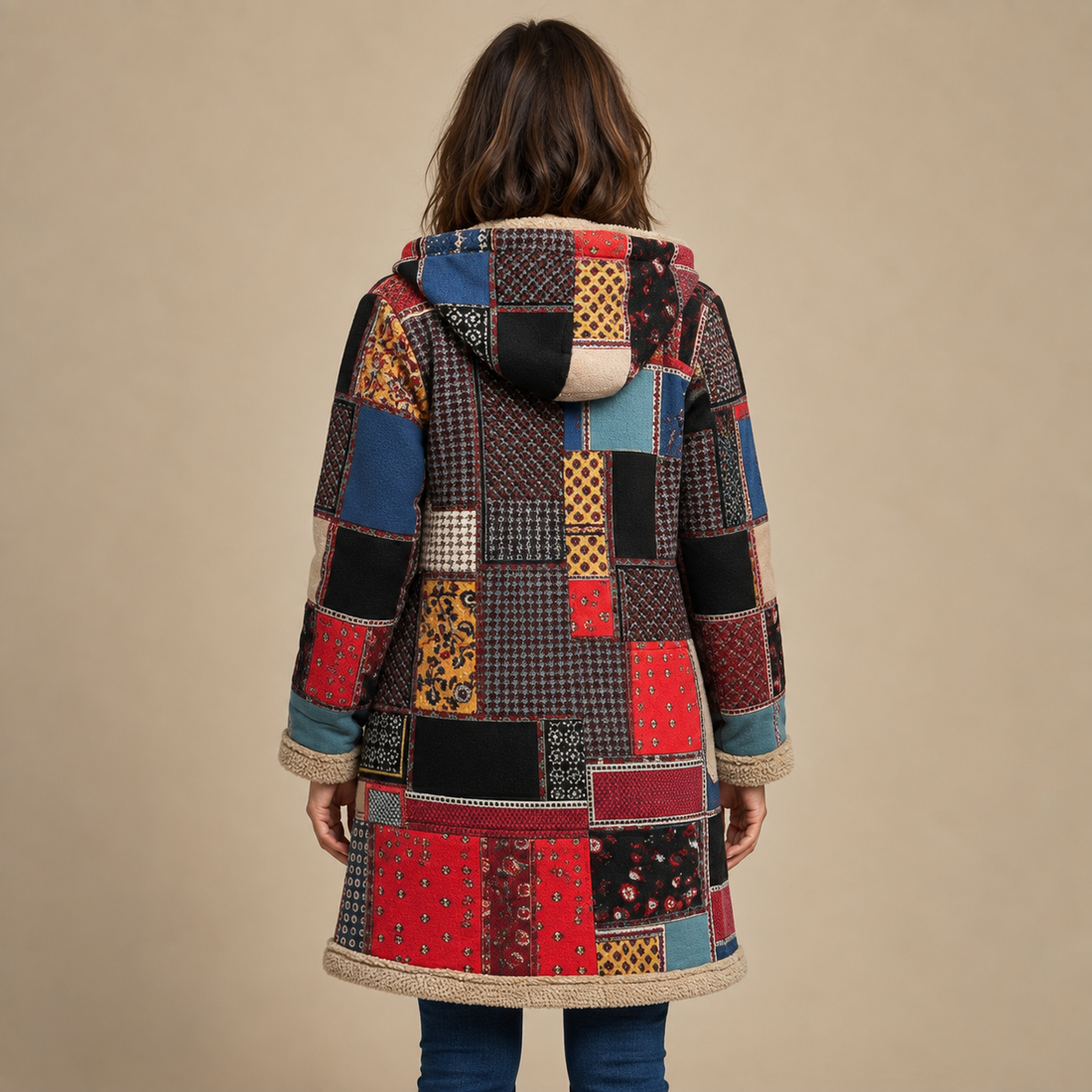 Płaszcz damski z kapturem na zamek w stylu patchwork