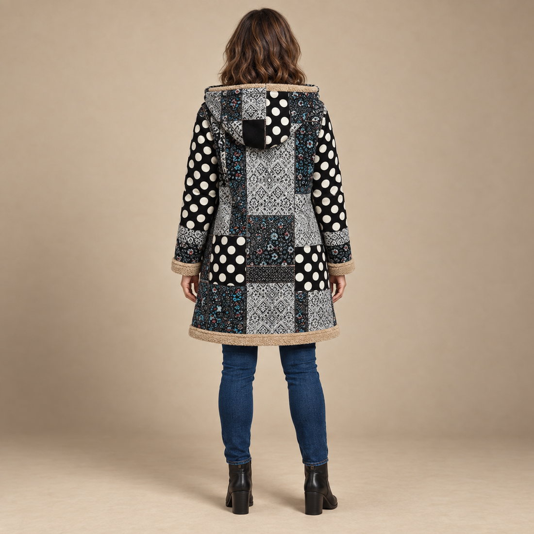 Płaszcz damski z kapturem na zamek w stylu patchwork