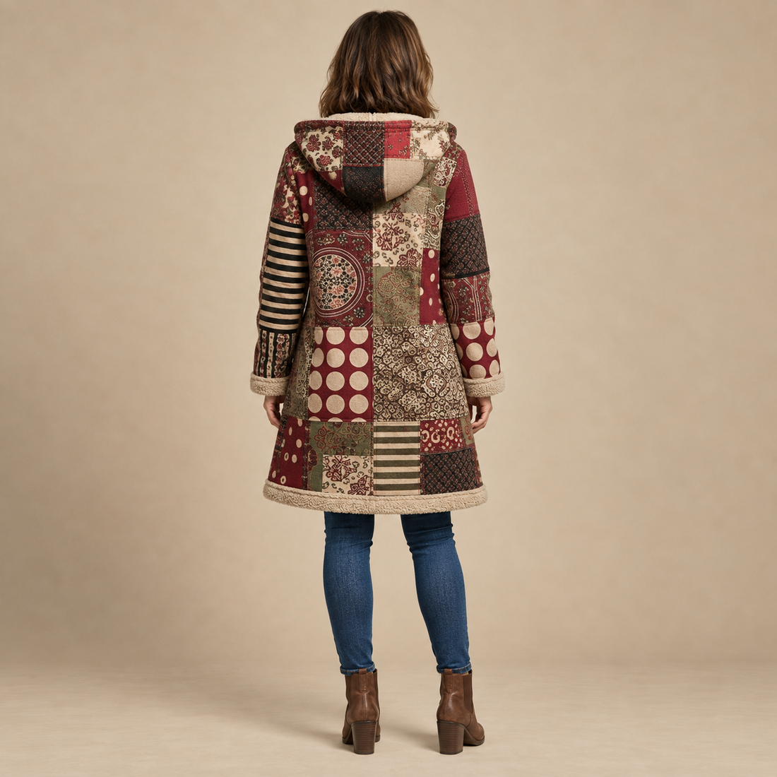 Płaszcz damski z kapturem na zamek w stylu patchwork