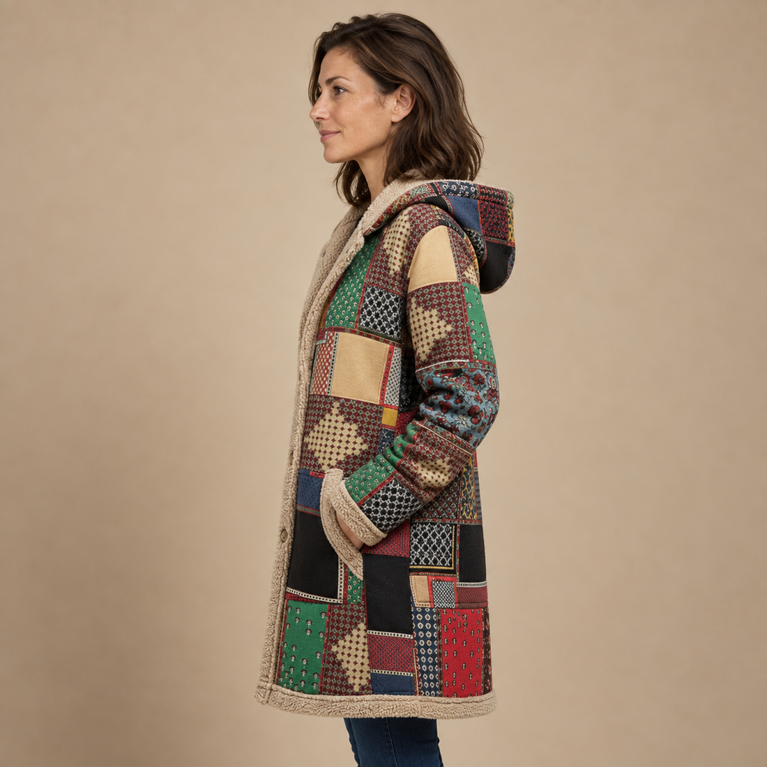 Płaszcz damski z kapturem na zamek w stylu patchwork