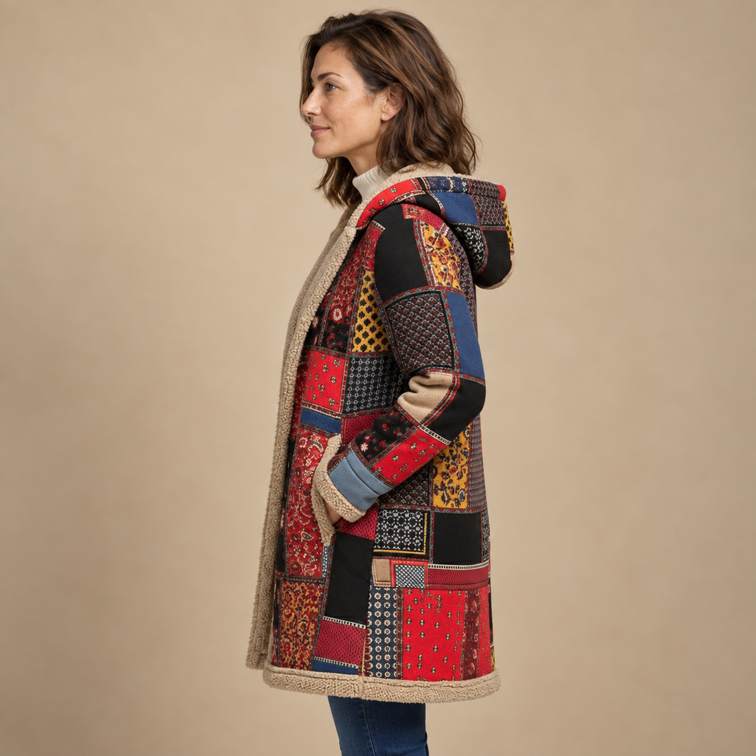 Płaszcz damski z kapturem na zamek w stylu patchwork