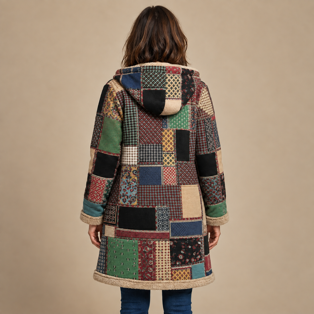 Płaszcz damski z kapturem na zamek w stylu patchwork