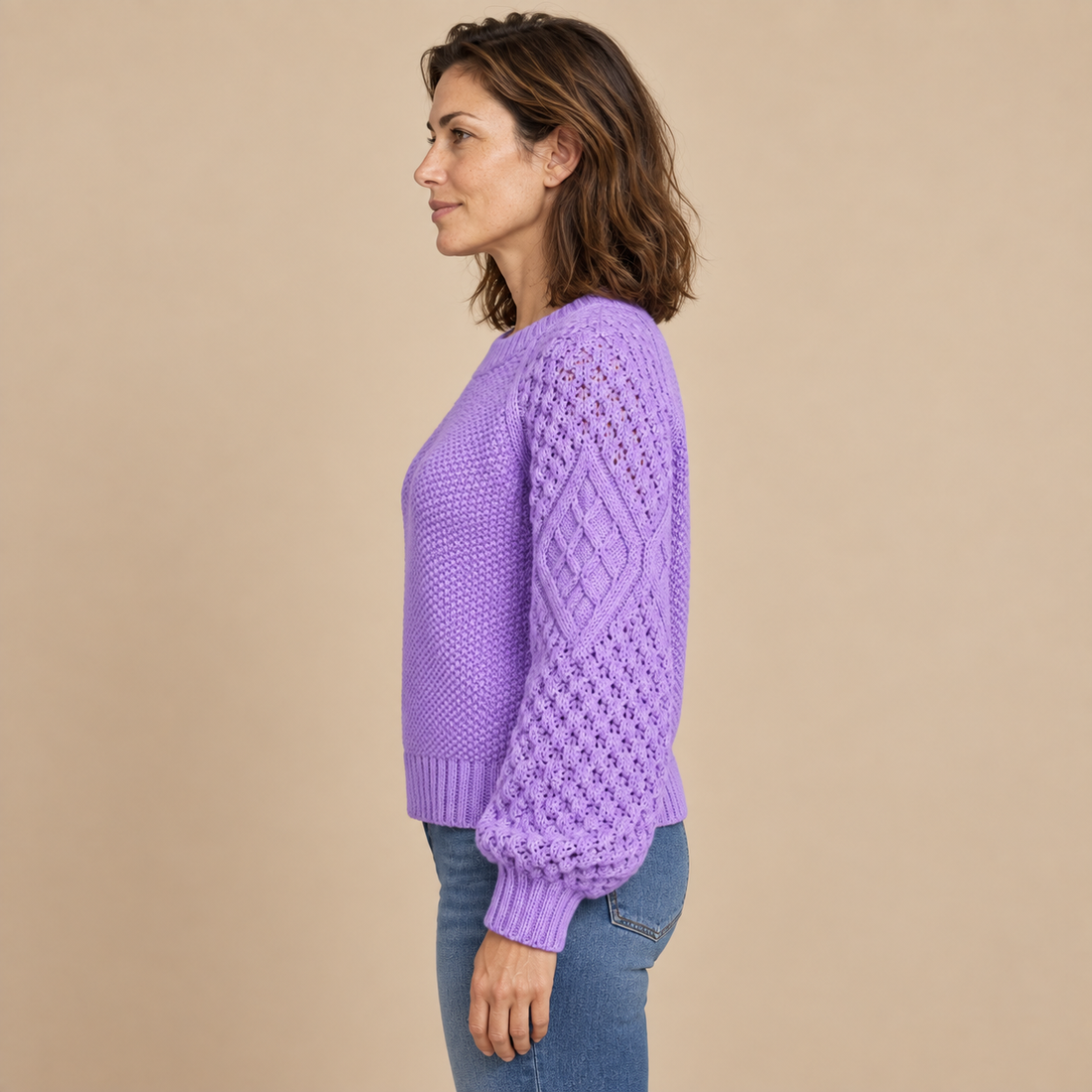 Sweter damski w warkocze z bufiastymi rękawami