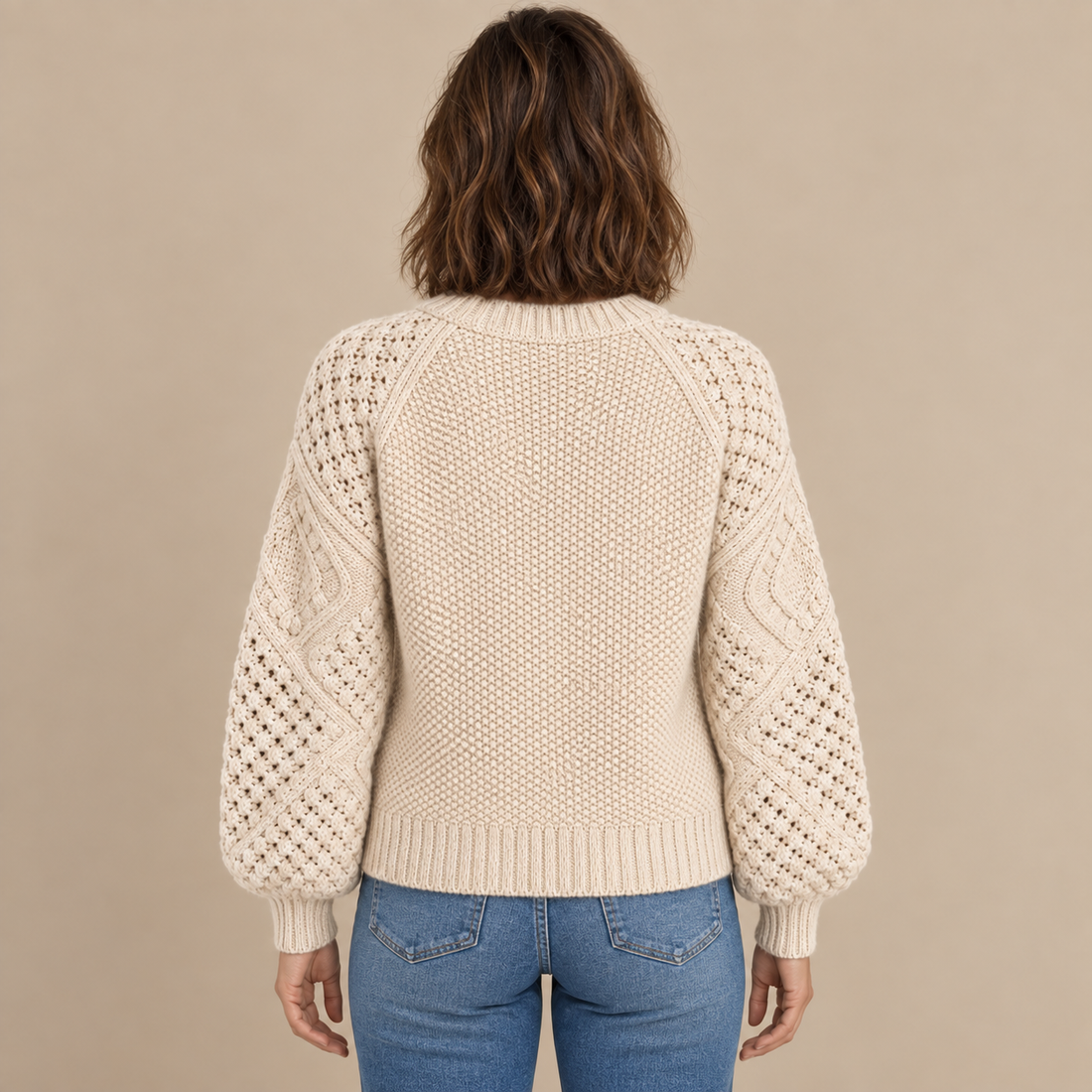 Sweter damski w warkocze z bufiastymi rękawami