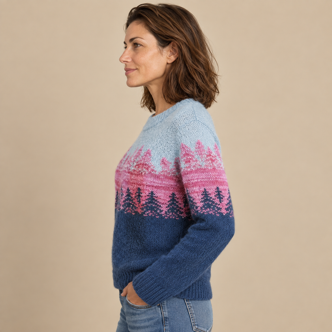 Sweter damski z efektem ombre, okrągłym dekoltem i długim rękawem